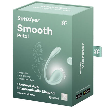 Packaging du Satisfyer Smooth Petal vert menthe, vue de la boîte avec visuel du produit et informations fabricant