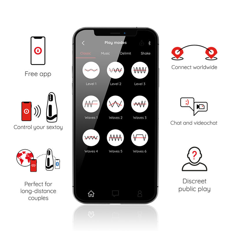 Masturbateur suceur présenté avec télécommande et interface de contrôle, vue montrant les différents modes et réglages de succion