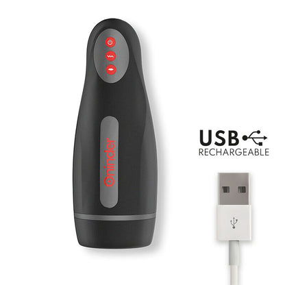 Masturbateur suceur noir avec câble de chargement USB, vue montrant le port de recharge et les accessoires inclus