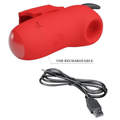 Mini stimulateur clitoridien rouge en silicone présenté avec câble de chargement USB, vue montrant le système rechargeable