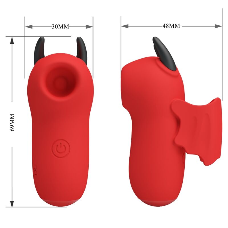 Schéma des dimensions du mini stimulateur clitoridien rouge, indiquant la hauteur totale, la largeur et l’ouverture de stimulation