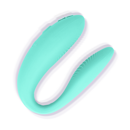 Vibromasseur couple waterproof en silicone vert d’eau, présenté seul, vue montrant la même forme en U et la double extrémité