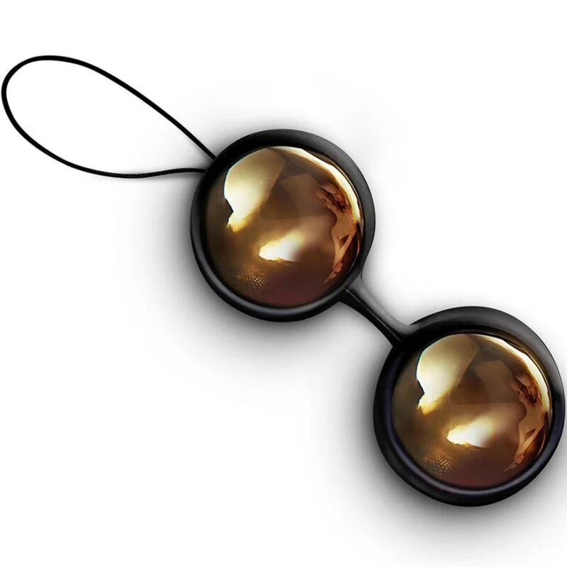 Deux boules dorées reliées par un cordon noir