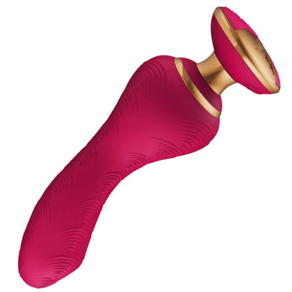 Vibromasseur Shunga Sanya rouge en silicone, vue latérale montrant la courbure prononcée et la base dorée