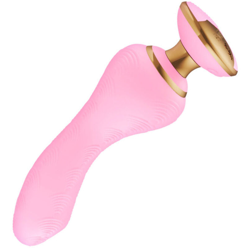 Vibromasseur Shunga Sanya rose clair en silicone, vue latérale montrant la courbure douce, la tête arrondie et la base dorée