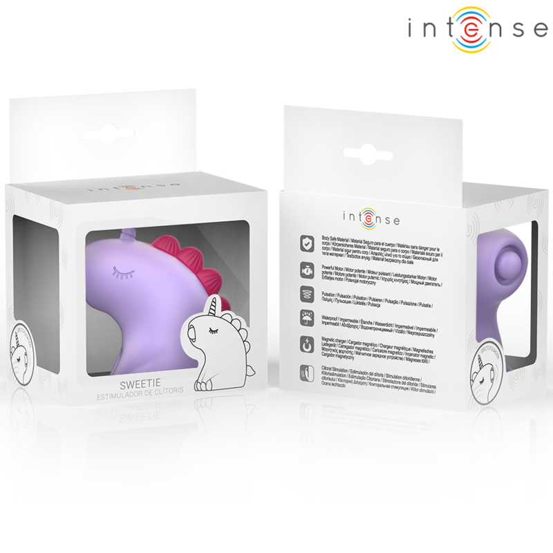 Packaging du stimulateur clitoridien silencieux violet en forme de licorne, vue de la boîte avant et arrière avec caractéristique du produit