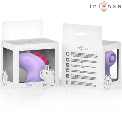 Packaging du stimulateur clitoridien silencieux violet en forme de licorne, vue de la boîte avant et arrière avec caractéristique du produit