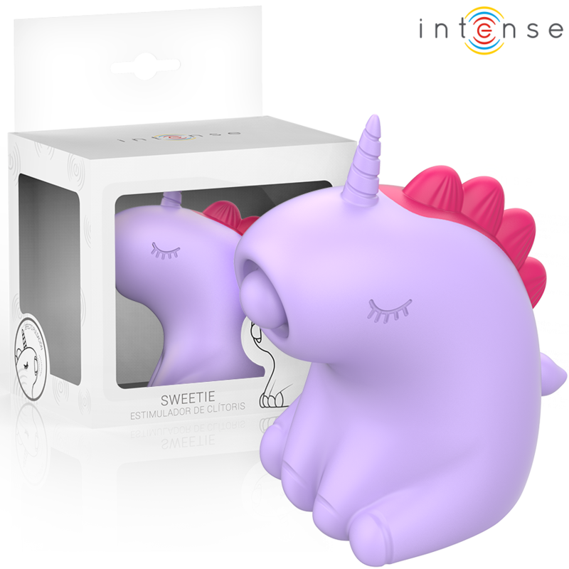 Packaging du stimulateur clitoridien silencieux violet en forme de licorne, vue de la boîte avec visuel du produit 