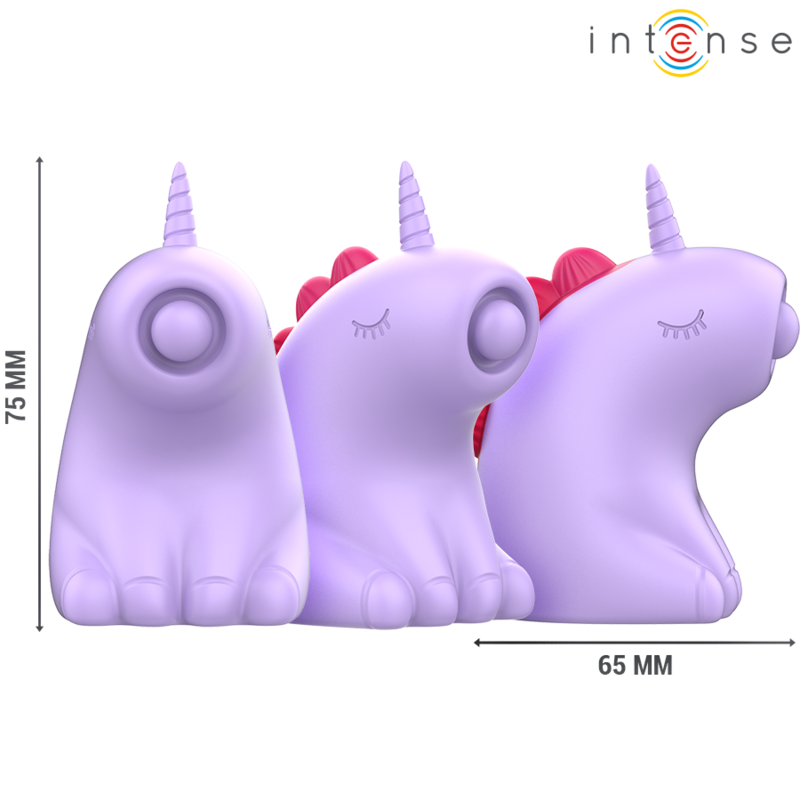 Stimulateur clitoridien silencieux violet en silicone présenté sous plusieurs angles, montrant la forme licorne, la tête de stimulation et la base stable
