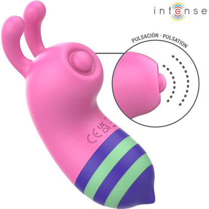 Stimulateur clitoridien petite taille rose en silicone doux, design compact et ergonomique, tête arrondie avec ouverture de stimulation et extrémité rayée bleu et vert