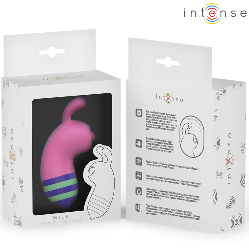 Packaging du stimulateur clitoridien petite taille rose, vue de la boîte avec visuel du produit et informations principales