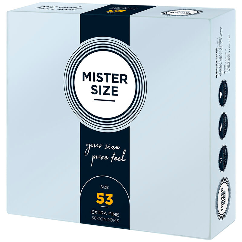 Boîte de 36 préservatifs Mister Size taille M, 53 mm de largeur nominale