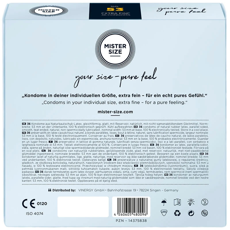 Dos de la boîte de 36 préservatifs Mister Size 53 mm (M) : latex naturel sans spermicide, CE 0120, ISO 4074