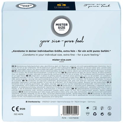 Dos de la boîte de 36 préservatifs Mister Size 53 mm (M) : latex naturel sans spermicide, CE 0120, ISO 4074