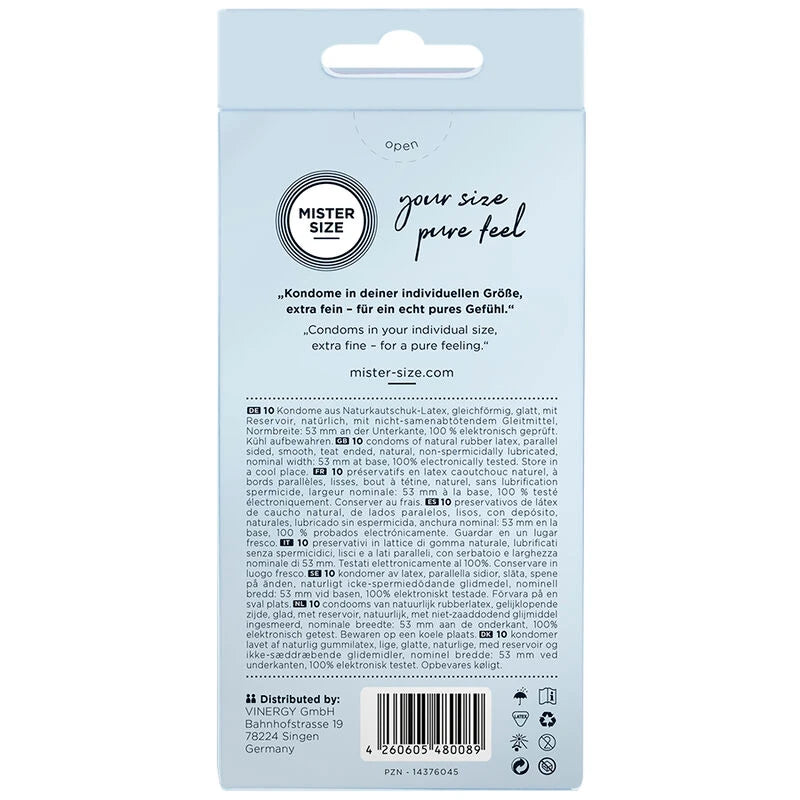 Dos de la boîte de 10 préservatifs Mister Size 53 mm (M) : latex naturel, bords parallèles, sans spermicide