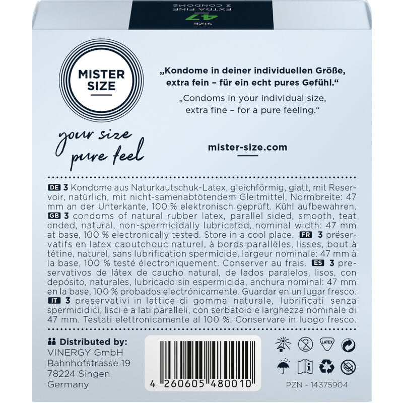 Boîte de préservatifs Mister Size XS vue de dos : latex naturel, sans spermicide