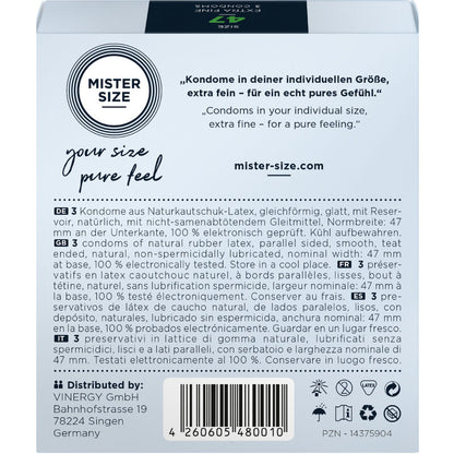 Boîte de préservatifs Mister Size XS vue de dos : latex naturel, sans spermicide