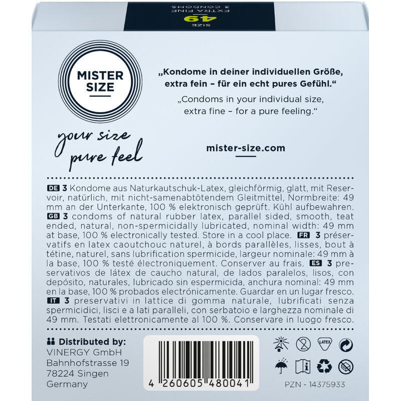 Boîte de 3 préservatifs Mister Size vue de derrière avec descriptifs
