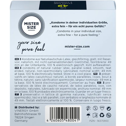 Boîte de 3 préservatifs Mister Size vue de derrière avec descriptifs