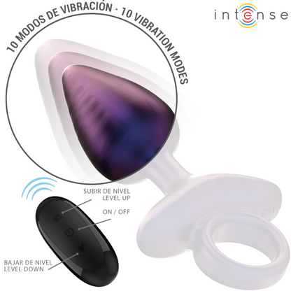 Plug anal bleu irisé en silicone, vue inclinée mettant en valeur la tête arrondie, la finition brillante et l’anneau de retrait