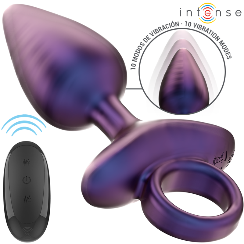 Plug anal bleu irisé en silicone avec la télécommande vue complète montrant le jouet, l’anneau et la tête vibrante