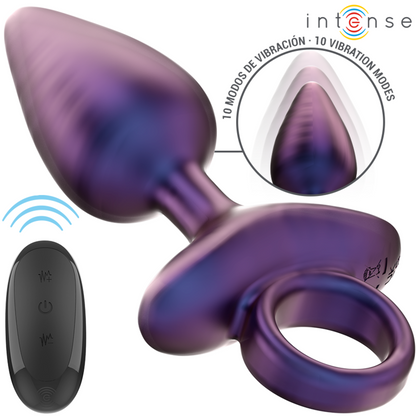Plug anal bleu irisé en silicone avec la télécommande vue complète montrant le jouet, l’anneau et la tête vibrante