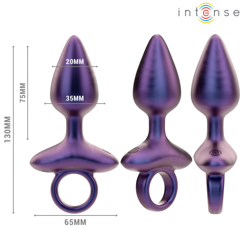 Plug anal bleu irisé en silicone présenté en plusieurs points de vue, avec anneau de sécurité, formes progressives et dimensions