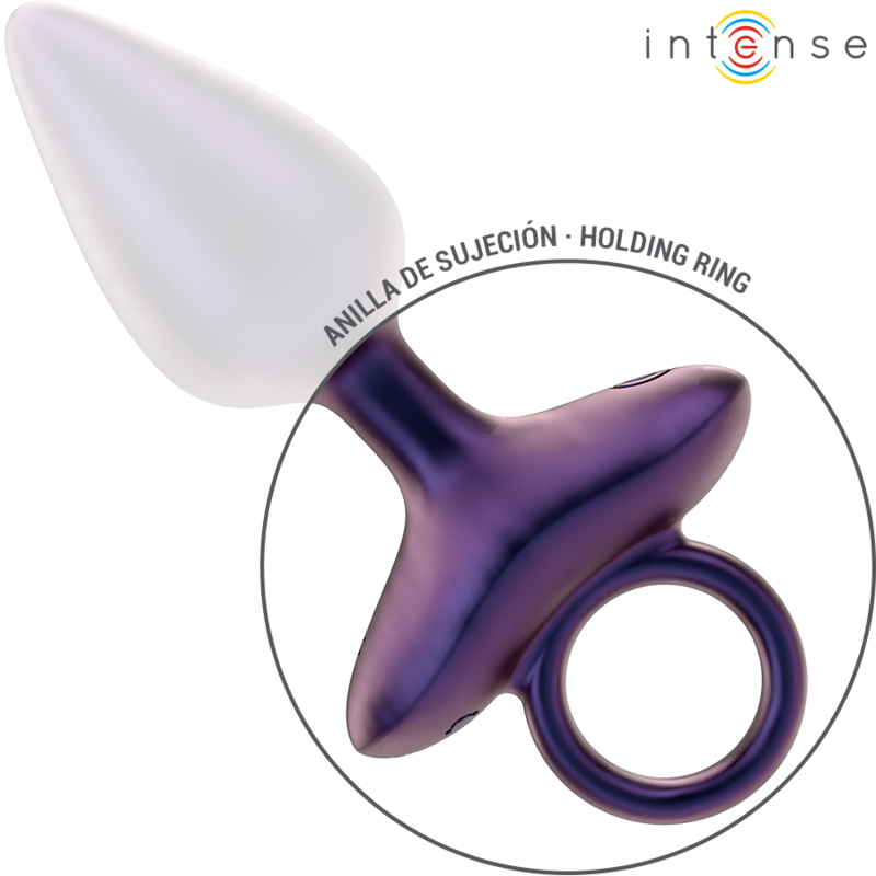 Plug anal bleu irisé en silicone, vue arrière mettant en évidence l’anneau de retrait, la base élargie et la stabilité