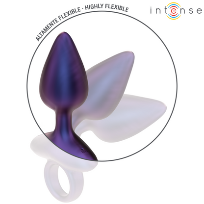 Plug anal bleu irisé en silicone avec anneau, vue montrant la base de sécurité et la tête flexible