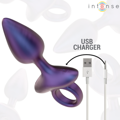 Plug anal bleu irisé en silicone avec anneau de retrait, présenté avec câble de chargement USB, finition lisse et forme ergonomique