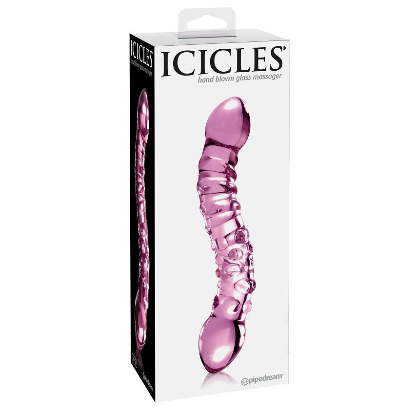 Icicles Pipedream – coffret packaging gode en verre rose double embout nervures et perles hand blown glass body-safe
