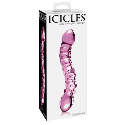 Icicles Pipedream – coffret packaging gode en verre rose double embout nervures et perles hand blown glass body-safe
