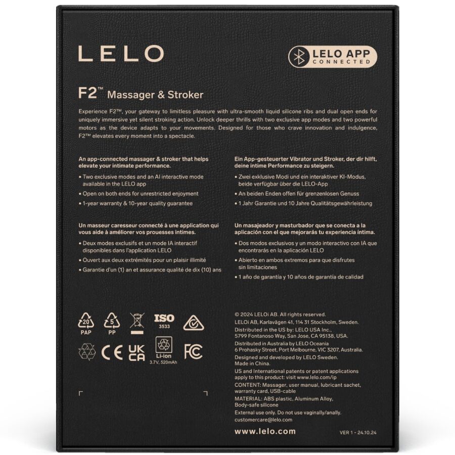 Packaging LELO F2 massager & stroker avec caractéristiques techniques et certification produit