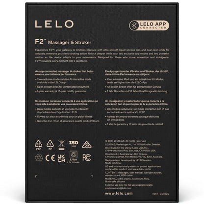 Packaging LELO F2 massager & stroker avec caractéristiques techniques et certification produit