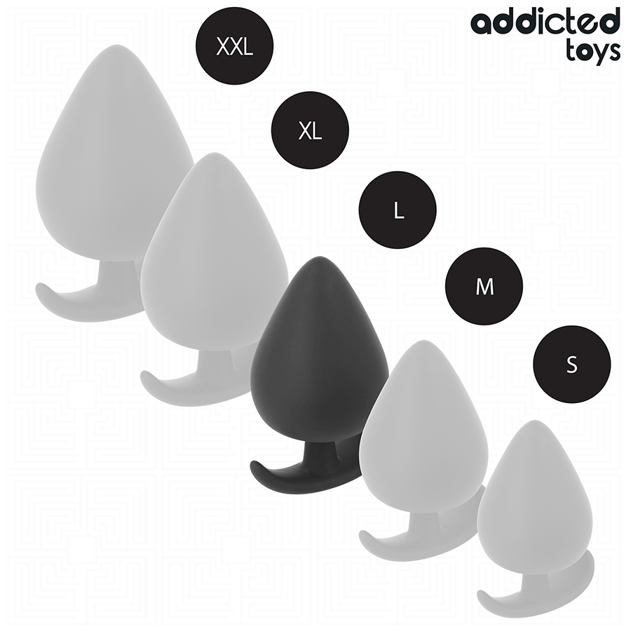 Illustration des différentes tailles du plug anal ancre en silicone noir, montrant les variations de volume et de proportions