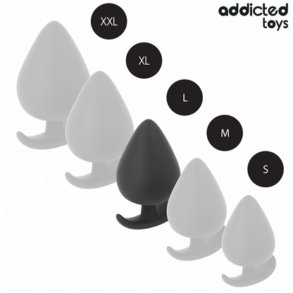 Illustration des différentes tailles du plug anal ancre en silicone noir, montrant les variations de volume et de proportions