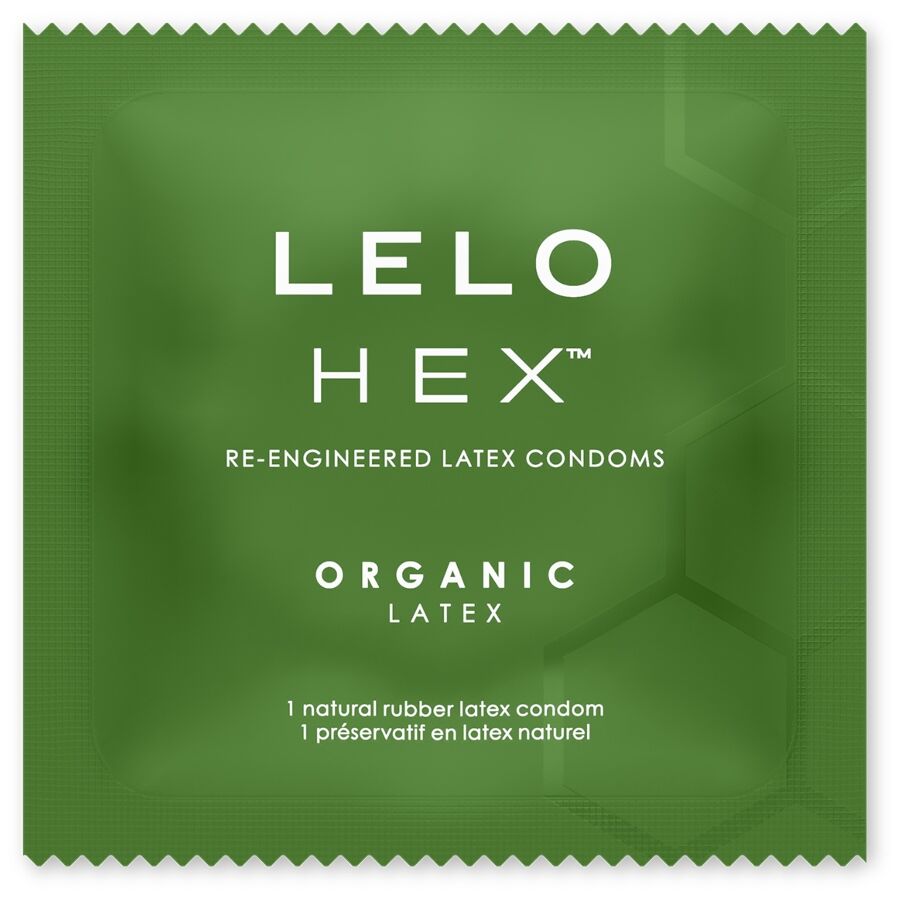 Sachet carré vert LELO HEX Organic Latex avec inscription blanche et bordures crantées