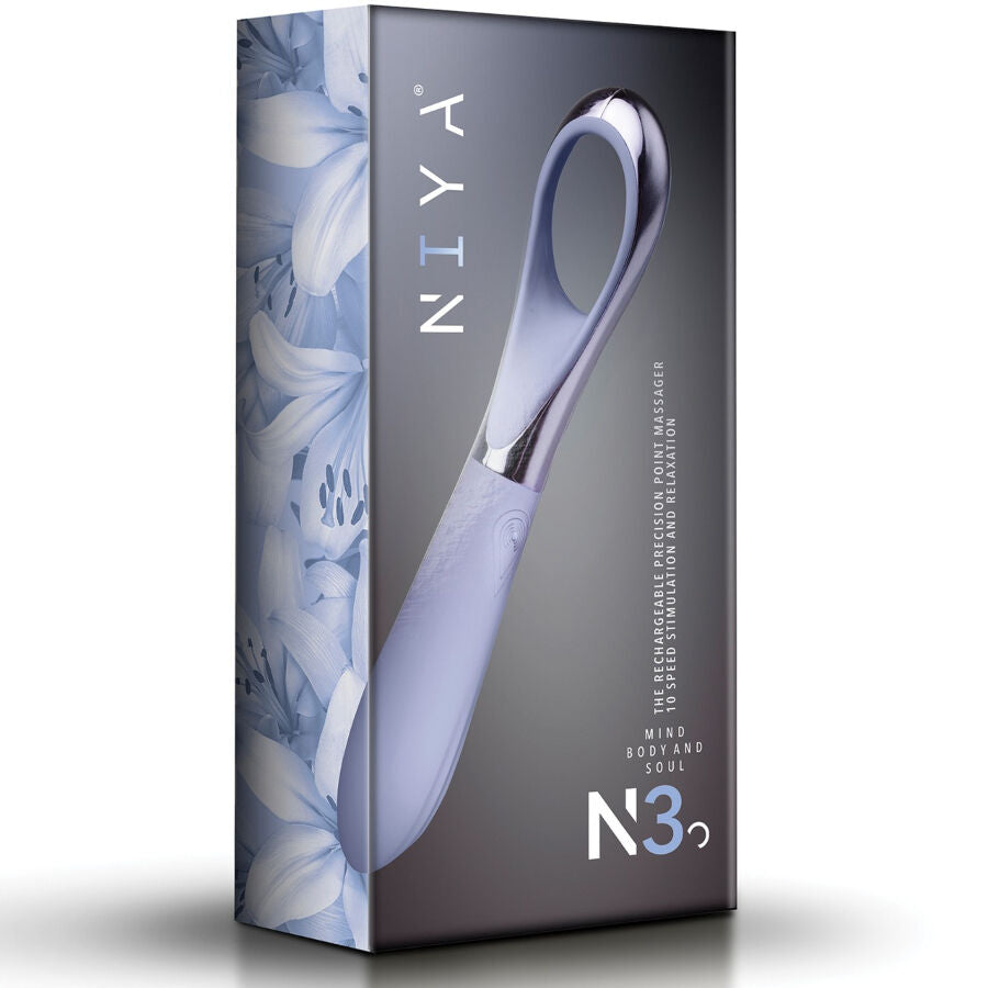 Vibromasseur gris NAYA en silicone – produit et emballage
