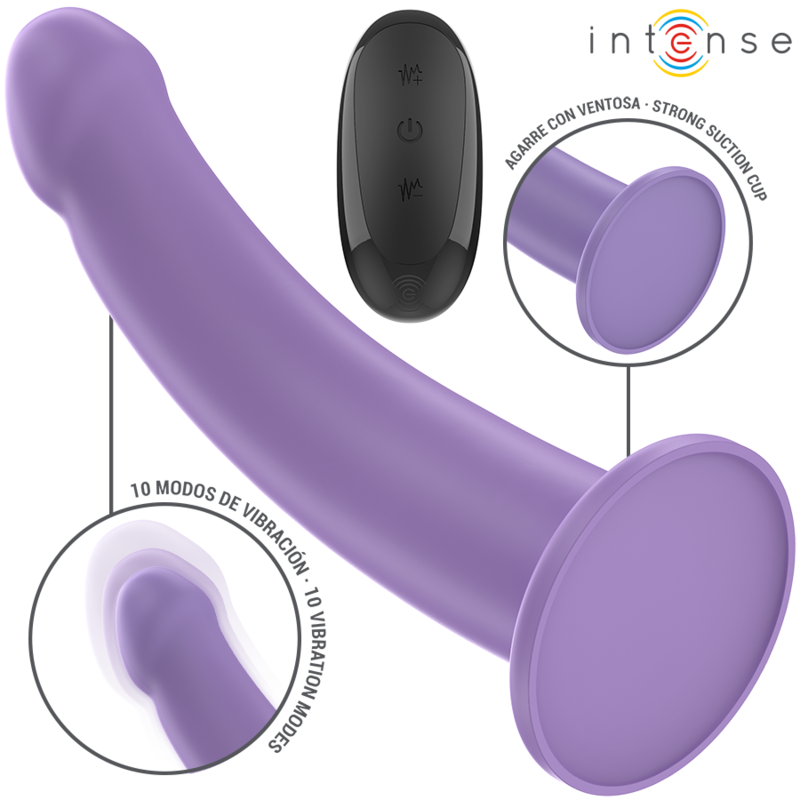 Vibromasseur ventouse violet en silicone lisse, forme incurvée ergonomique,zoom sur tête arrondie et large base ventouse pour fixation sur surface lisse