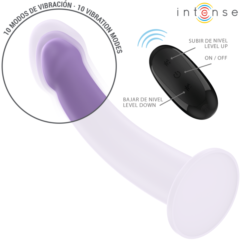 Télécommande noire du vibromasseur ventouse violet, vue séparée montrant le système de contrôle à distance