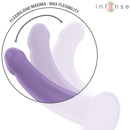 Vibromasseur ventouse en silicone violet, vue latérale montrant la courbure prononcée et la tête arrondie