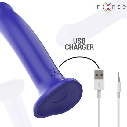 Gode 20 cm bleu – base ventouse circulaire large – vue de dessous et de la charge usb