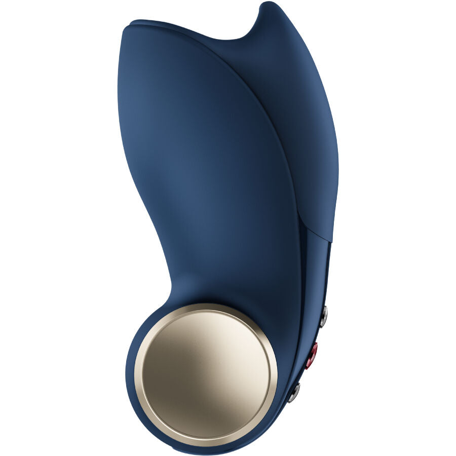Masturbateur masculin bleu en silicone vue de profil avec base circulaire métallique sur fond blanc