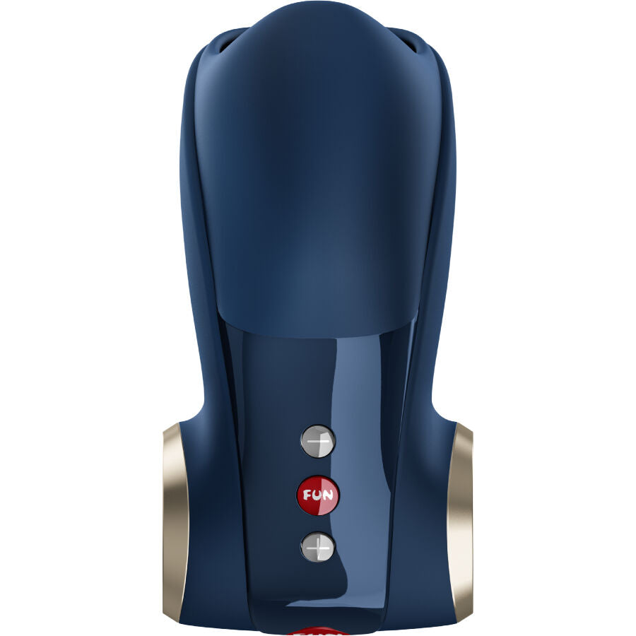 Masturbateur masculin bleu en silicone avec ouverture texturée et boutons de contrôle vue de face sur fond blanc