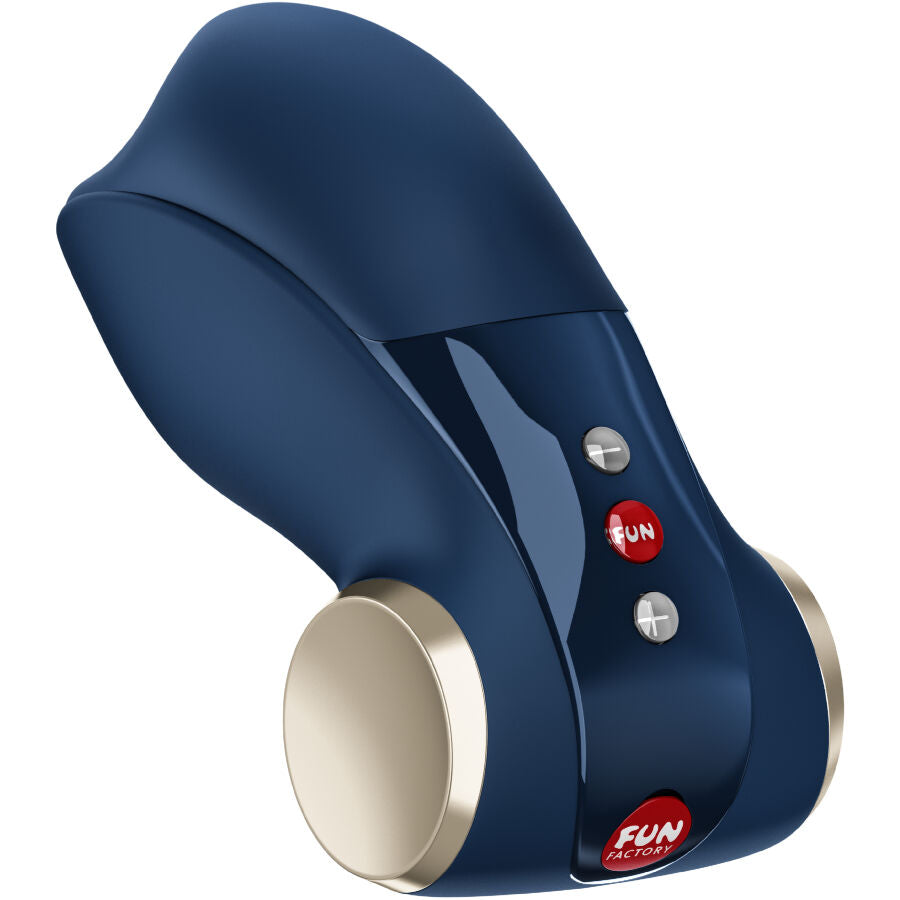 Masturbateur masculin bleu en silicone vue inclinée avec boutons de contrôle et bases latérales métalliques sur fond blanc