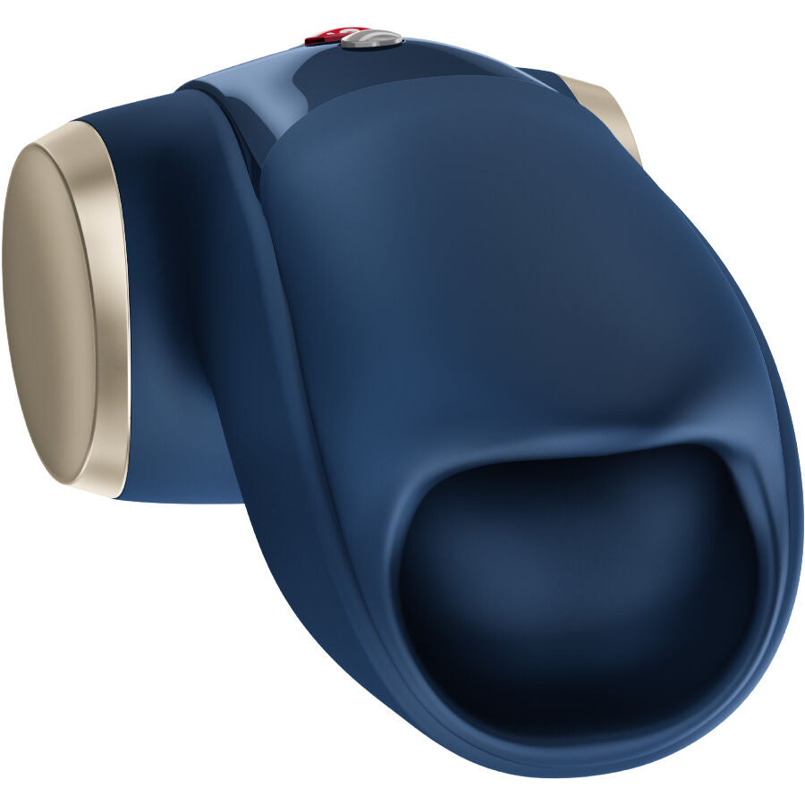 Masturbateur masculin bleu en silicone vue de face avec large ouverture texturée et bases latérales métalliques sur fond blanc