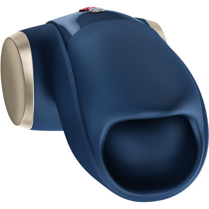 Masturbateur masculin bleu en silicone vue de face avec large ouverture texturée et bases latérales métalliques sur fond blanc