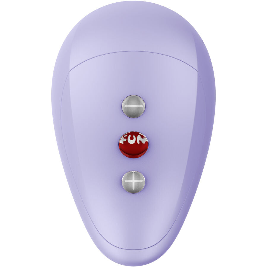 Stimulateur clitoridien Fun Factory Essence Air Pulse violet clair en silicone body-safe, forme ergonomique compacte, ouverture frontale circulaire pour stimulation par air pulsé et boutons de commande intégrés