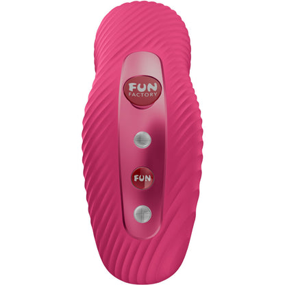 Vibromasseur courbé Fun Factory en silicone rose avec surface texturée et boutons de réglage intégrés vu de dessus