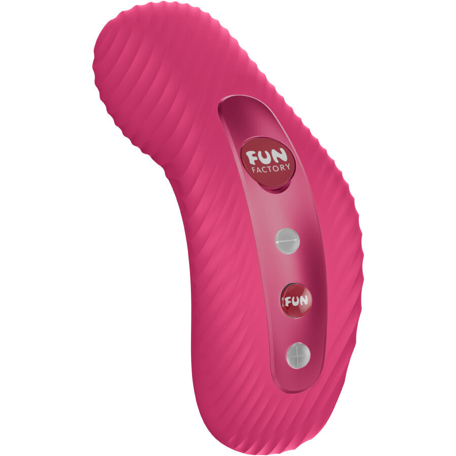 Vibromasseur courbé Fun Factory en silicone rose avec surface texturée et boutons de réglage intégrés